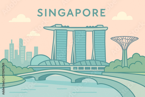 Illustrated Singapore skyline featuring the iconic Marina Bay Sands and Supertree Grove, perfect for depicting modern urban landscapes and travel.