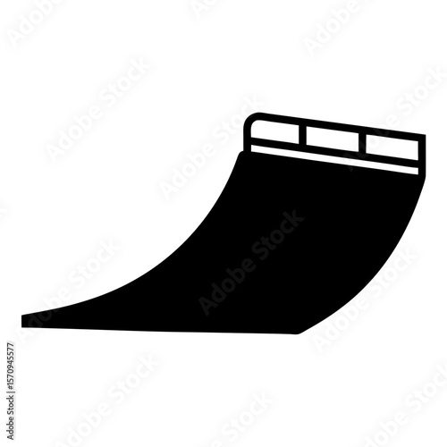 Monochrome image representing a skateboarding ramp with a railing on top edge