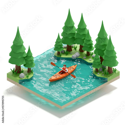 Low Poly Kayaker Paddling in a Lake Scene Isometric 3D