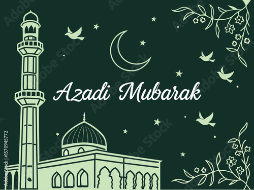 Vector illustration celebrating Pakistan Independence Day featuring the national flag, Minar-e-Pakistan, historical architecture, and patriotic elements in a minimalist line art style 