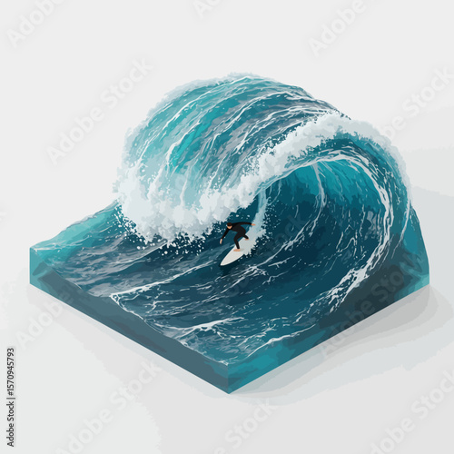 Surfing Wave Isometric Illustration: Oceanic Adventure and Water Sports