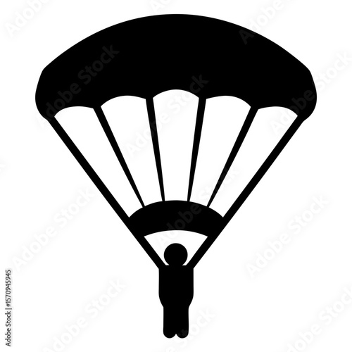 Silhouette illustration of a person skydiving with a black parachute canopy