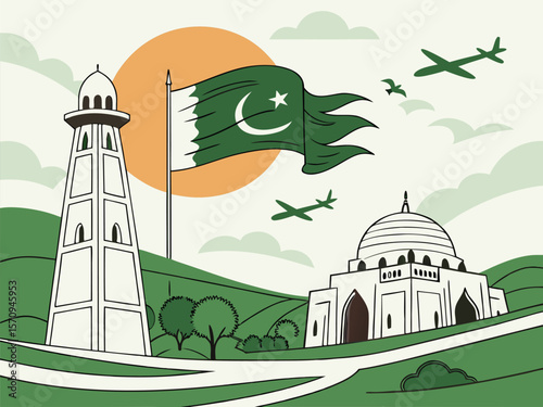 Vector illustration celebrating Pakistan Independence Day featuring the national flag, Minar-e-Pakistan, historical architecture, and patriotic elements in a minimalist line art style 