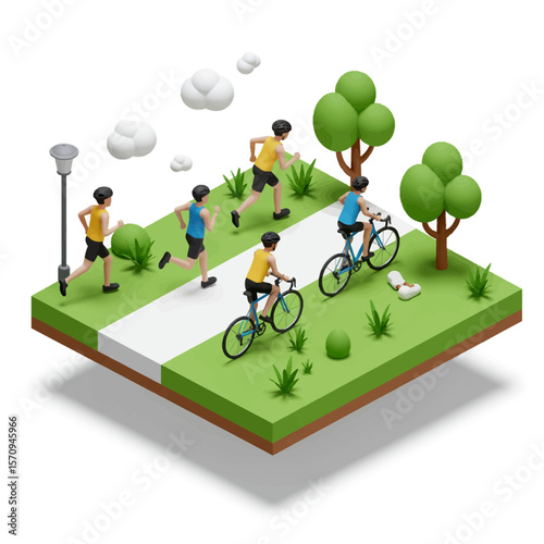 Isometric Park Scene with Runners and Cyclists in a 3D Rendering