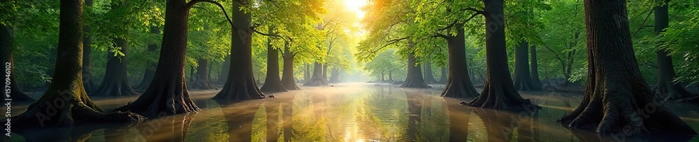 Fototapeta premium Sun-Drenched Flooded Forest Partially Submerged Trees Reflecting Vibrant Sky