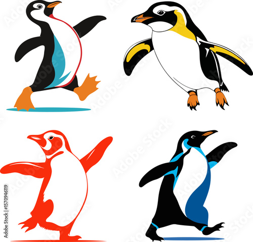 Set of walking penguins in different cartoon and minimalistic drawing styles on white background