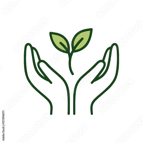 Hands holding seedling icon in minimalist eco style