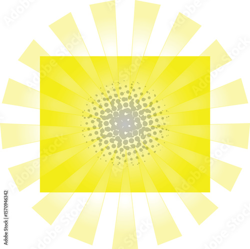Abstract design featuring a yellow square with a halftone pattern and radiating light rays.