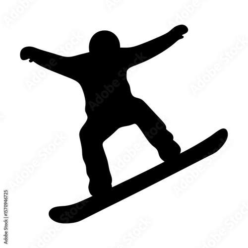 Silhouette of a snowboarder performing a trick in midair, on white background