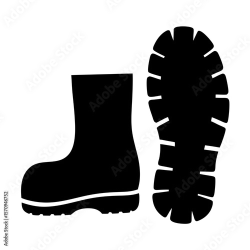 Black and white image of boot with footprint, representing footwear type