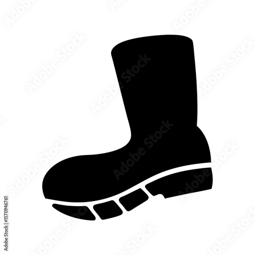 Black silhouette of a rubber boot with a thick treaded sole.
