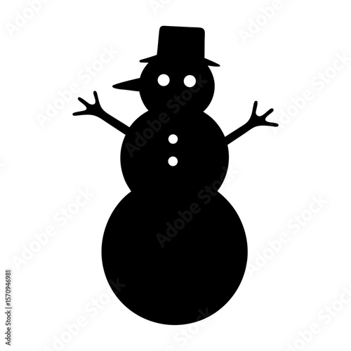 A silhouette of a snowman with a hat, carrot nose and buttons
