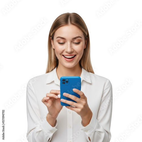 Smiling woman using smartphone isolated on transparent background
