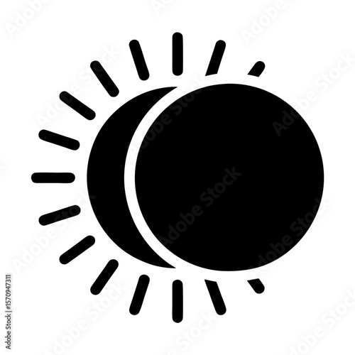 Stylized solar eclipse or new moon over sun icon in black