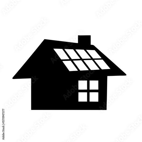 Black silhouette of a house with solar panels on the roof