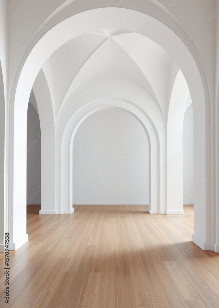 Fototapeta premium Large white archway with a wooden floor the archway is empty and the floor is bare Empty room interior design architecture blank design room