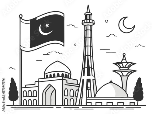 Vector illustration celebrating Pakistan Independence Day featuring the national flag, Minar-e-Pakistan, historical architecture, and patriotic elements in a minimalist line art style