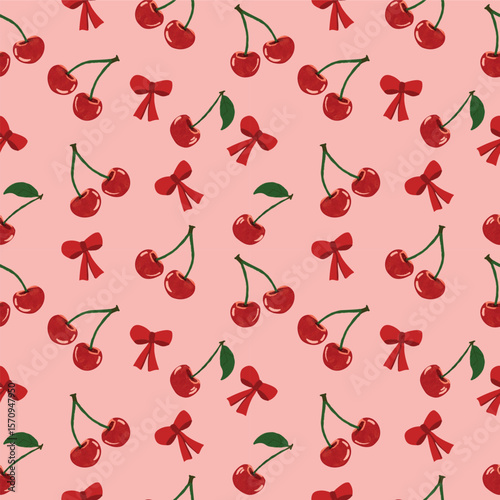 Seamless Pattern with Cherry and Ribbon Bow on Pink Background Vector Illustration.	