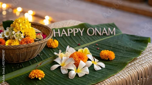 Onam Festival Floral Arrangement with Banana Leaf