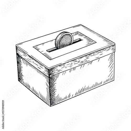 A hand-drawn sketch of a ballot box with a coin slot on top. The box is rectangular with a simple design, symbolizing voting and democracy.