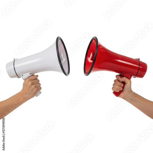 Hands holding megaphones red and white isolated on transparent background