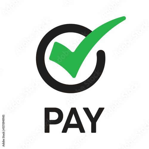 Flat design of a green circle with a white checkmark and bold "PAY" text below. Minimalist, vibrant style indicating approval, confirmation, or successful payment.