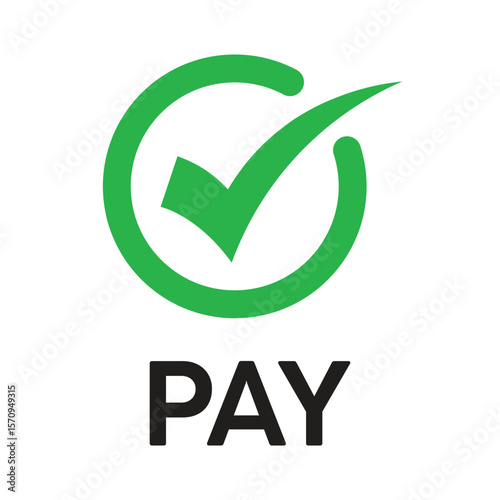 Flat design of a green circle with a white checkmark and bold "PAY" text below. Minimalist, vibrant style indicating approval, confirmation, or successful payment.