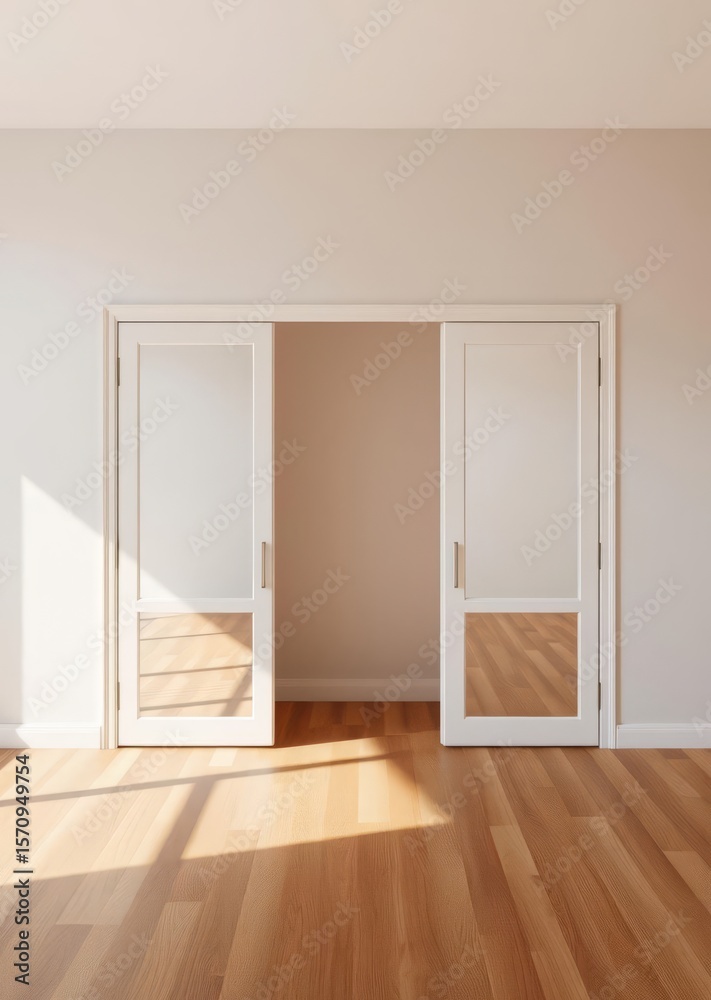Fototapeta premium Empty room with mirrored closet doors and wooden floor Empty room interior design architecture blank design room