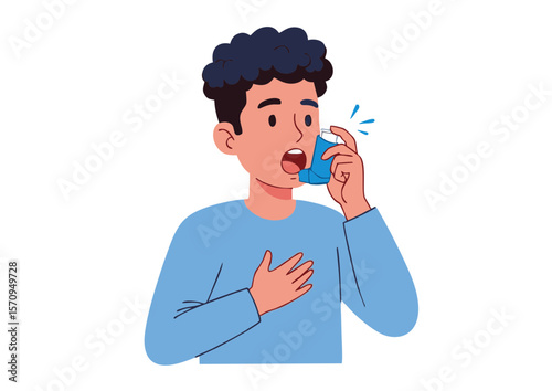 Young Man with Dark Curly Hair Using a Blue Inhaler Open Mouth and Hand on Chest.