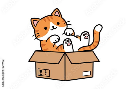 Playful Orange Tabby Cat Relaxing Inside a Cardboard Box with Paws Up.