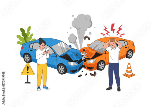 Car Crash Scene with Stressed Drivers.