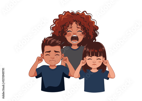 Cartoon Mother Screaming with Children Covering Ears in Displeasure.