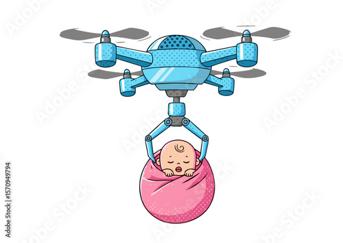 Futuristic Drone Delivering a Sleeping Baby in a Pink Swaddle.