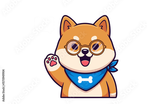 Cartoon Shiba Inu with Glasses and Bandana Waving Paw.