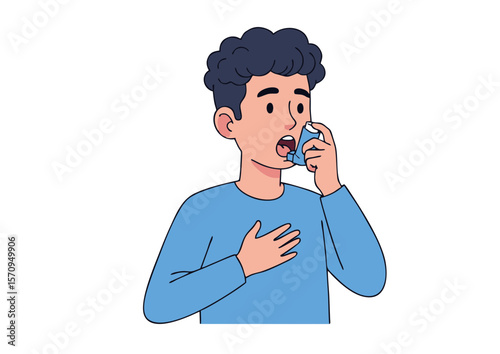 Cartoon Illustration of a Man Using an Inhaler for Asthma Relief.
