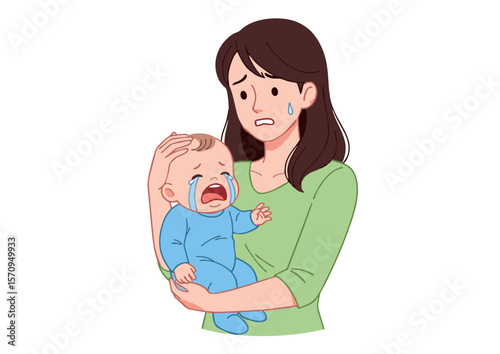 Cartoon Mother Holding Crying Baby with Tears Expressing Sadness and Concern.