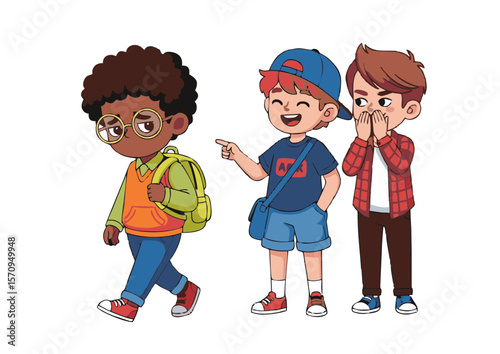 Cartoon Illustration of Three Boys: One Sad One Pointing One Shocked.
