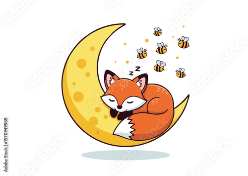 Cartoon Fox Curled Asleep on Crescent Moon with Bees Illustration.