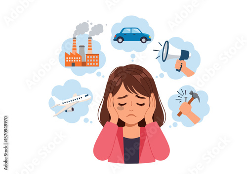 Cartoon Woman with Brown Hair Suffering from Noise Pollution and Stress.