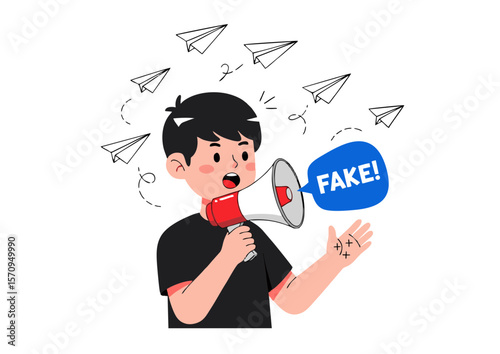 Cartoon Man Announcing Fake with Megaphone Amidst Paper Airplanes.