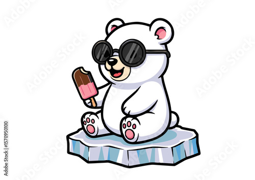 Cartoon Polar Bear with Sunglasses Eating Ice Cream on Ice Floe.