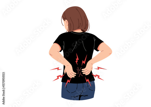 Woman with Lower Back Pain Illustration Hands on Back Red Pain Signals.