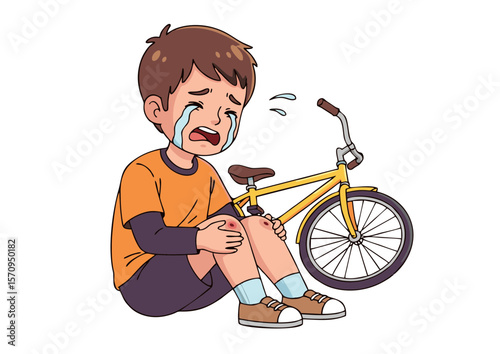 Crying Boy with Knee Injuries and Yellow Bicycle After Accident.