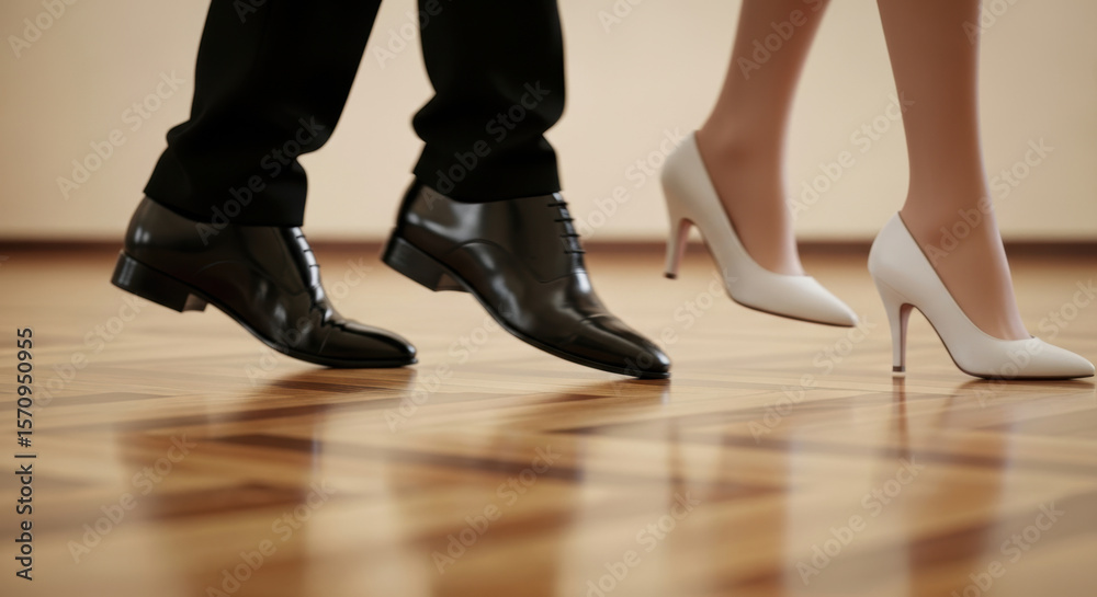 Elegant couple dancing gracefully on polished wooden floor wearing classic black shoes and white high heels, smooth rhythm and refined movement in formal attire Elegant couple dancing gracefully on polished wooden floor wearing classic black shoes and white high heels, smooth rhythm and refined movement in formal attire