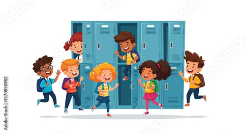 Cartoon school kids at lockers vector illustration back to school concept happy children at school lockers