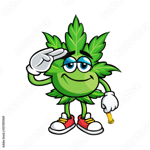 Marijuana bud cartoon character with joint salute vector 