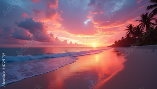 Wide-angle view of tranquil beach horizon vibrant colors