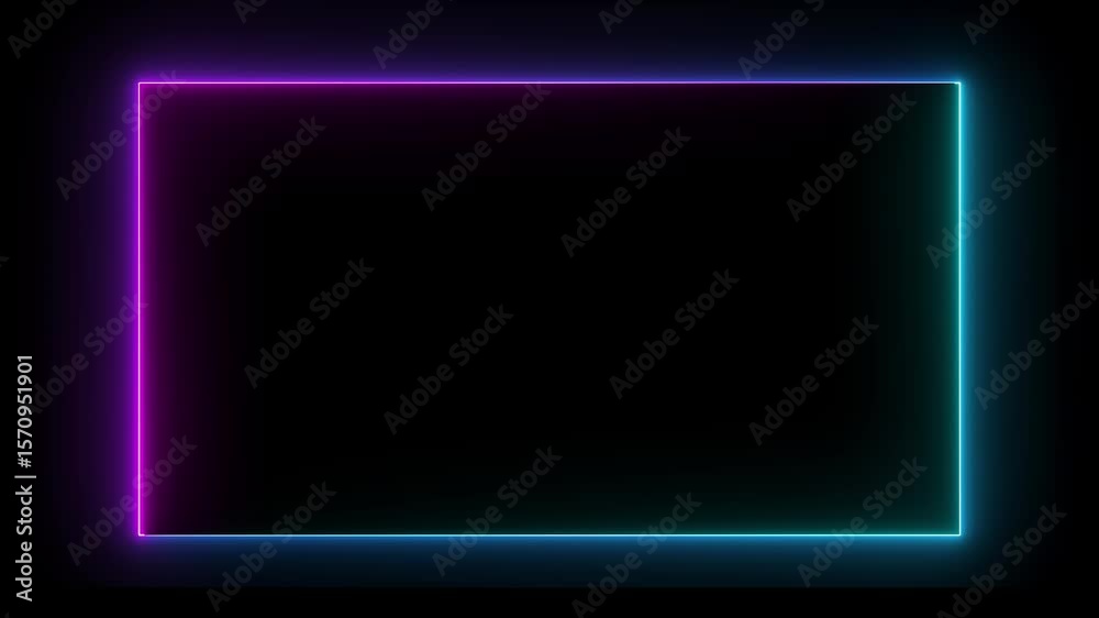 square rectangle picture frame icon animation glowing neon pink and cyan color border frame display neon box movement round shape rotation wallpaper footage retro line banner on black background