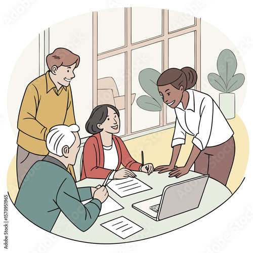 A diverse group of professionals discussing ideas around a table Illustrations