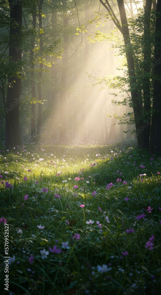 Fototapeta premium Sunbeams Illuminating a Magical Forest Meadow